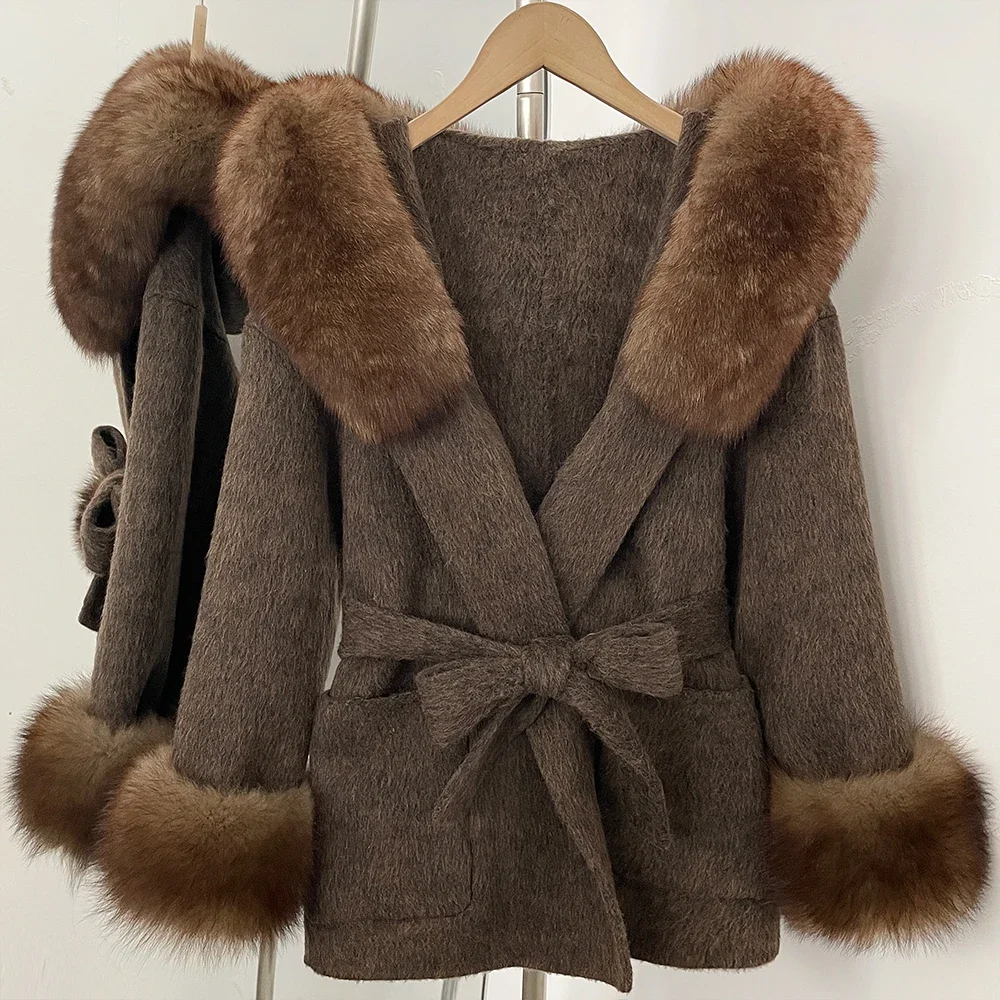 OFTBUY Winter Warmer Dicker Modischer Wollmantel Neuer Eleganter Taillierter Wollmantel für Damen mit Echtem Pelzkragen und Kapuze – Detail 25