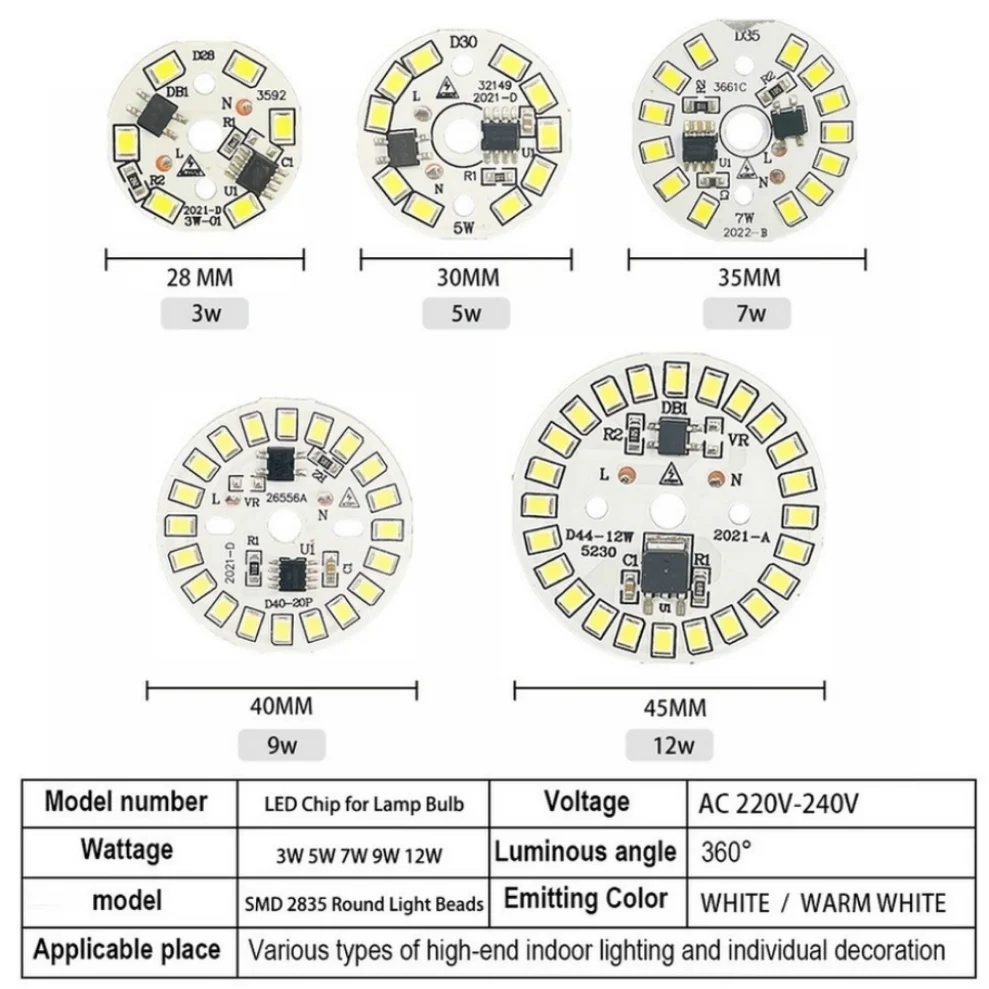 10 pcs/lot puce LED 3 W 5 W 7 W 9 W 12 W 15 W 90 Lumen/W 2835SMD perles de lumière rondes pour ampoule AC 220 V-240 V ampoule puces éclairage