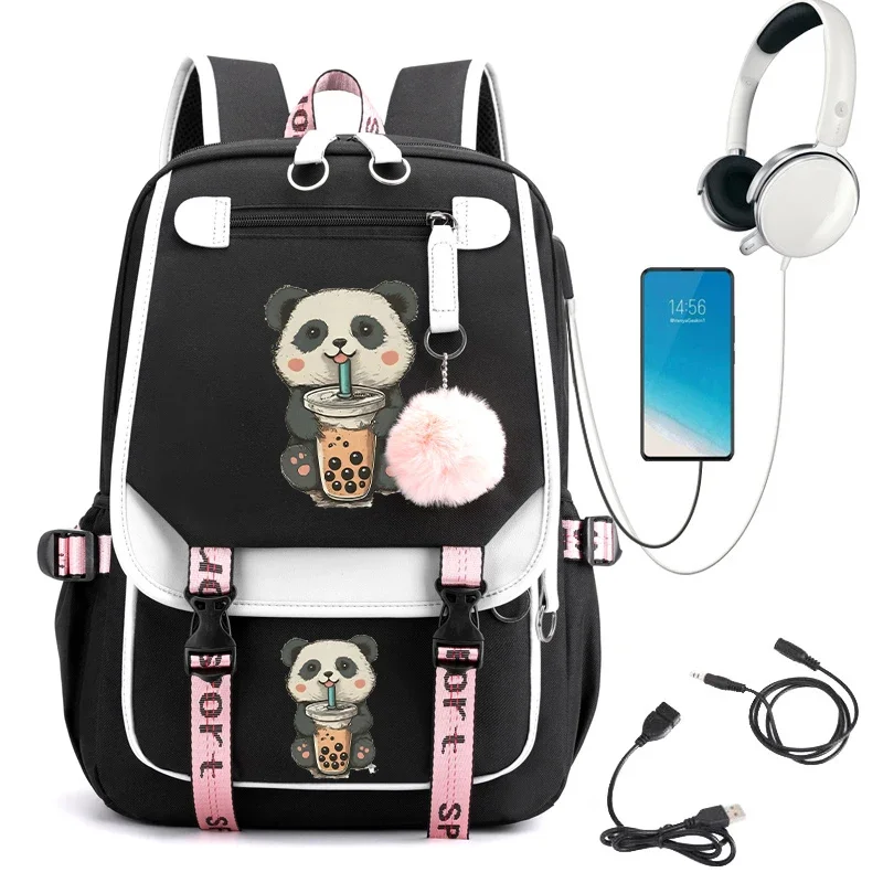 Kawaii Schooltas Kleine Panda Drinken Boba Print Schoolrugzak Studenten Cartoon Schooltas Usb Boekentas Tiener Bagpack