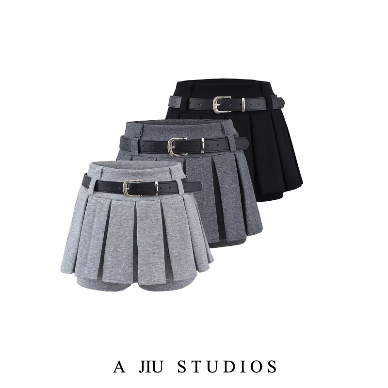 Low Waist A-Line  Skirt Anti-Light Walking Simple Sle Girls Spring Autumn Versatile Slimming ort Skirt with Belt