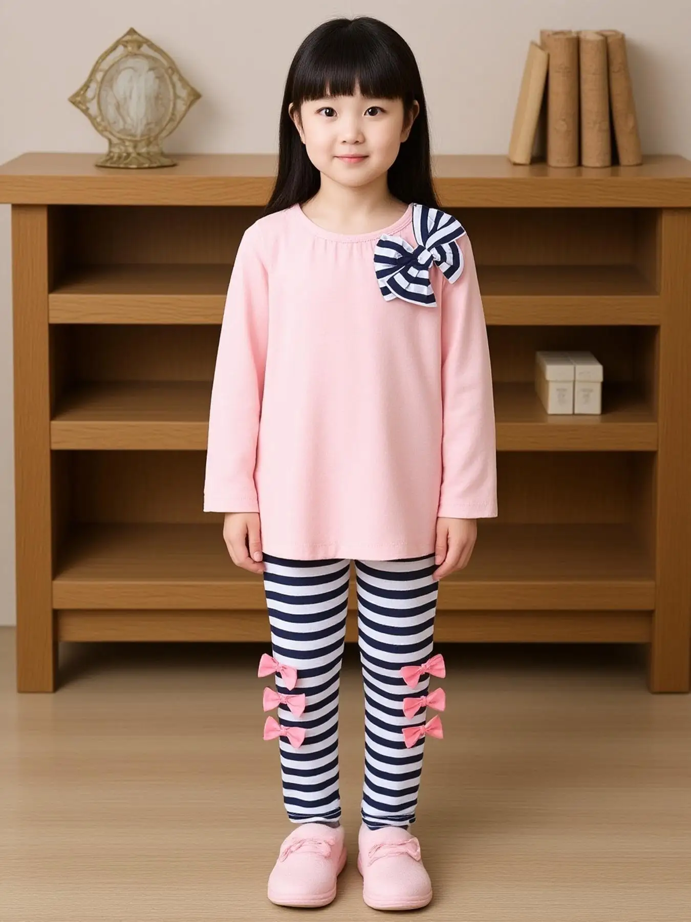 Mädchen-Outfit mit Schleifendekoration, Oberteil + Hose, 2-teilig, langärmliges, einfarbiges T-Shirt, Sweatshirt + gestreifte Leggings, Freizeitkleidung für Kinder, Frühlingsanzug – Detail 3