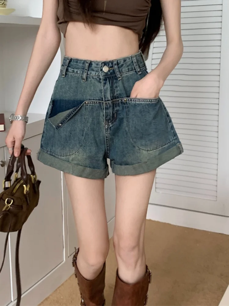 SMTHMA rétro roulé a-ligne Denim Shorts pour femmes 2025 nouvel été taille haute ample minceur jambe large pantalons chauds