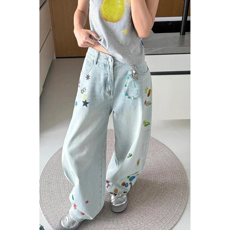 

Women Vintage Blue Cartoon Print Baggy Y2k Jeans 2025 Autumn Harajuku Wide Leg Denim Trousers 2000s Oversize High Waist Pants