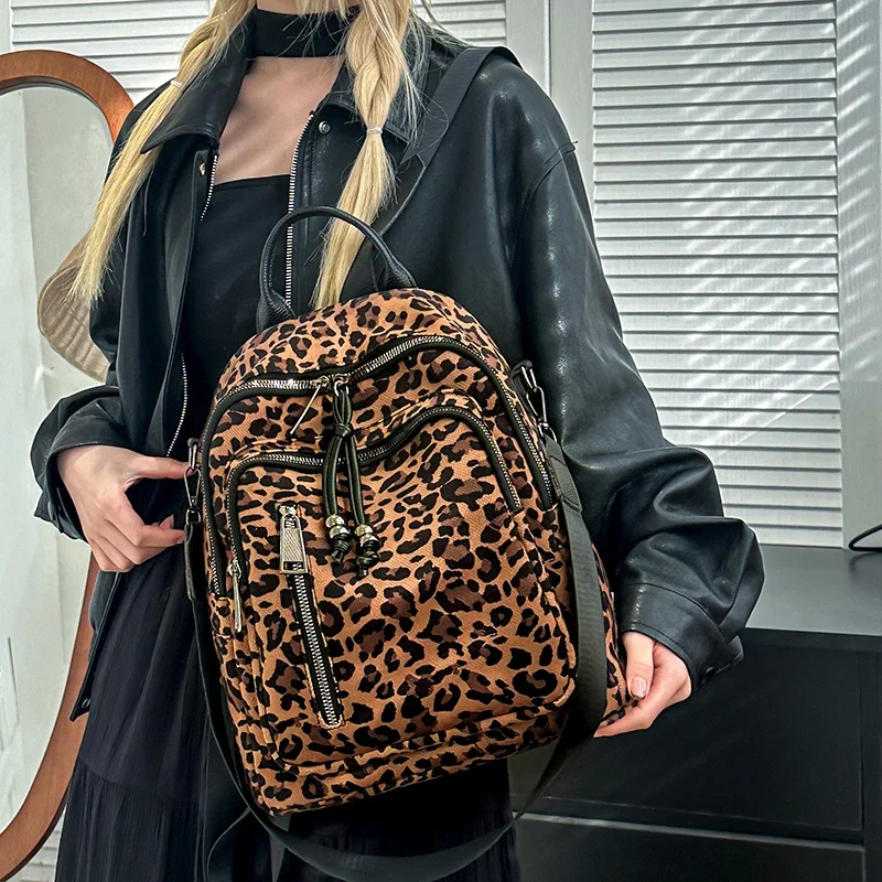 Casual Large Capacity Leopard Print Backpacks Canvas High Quality 2025 Simple Interior Zipper Pocket Youth School Bags