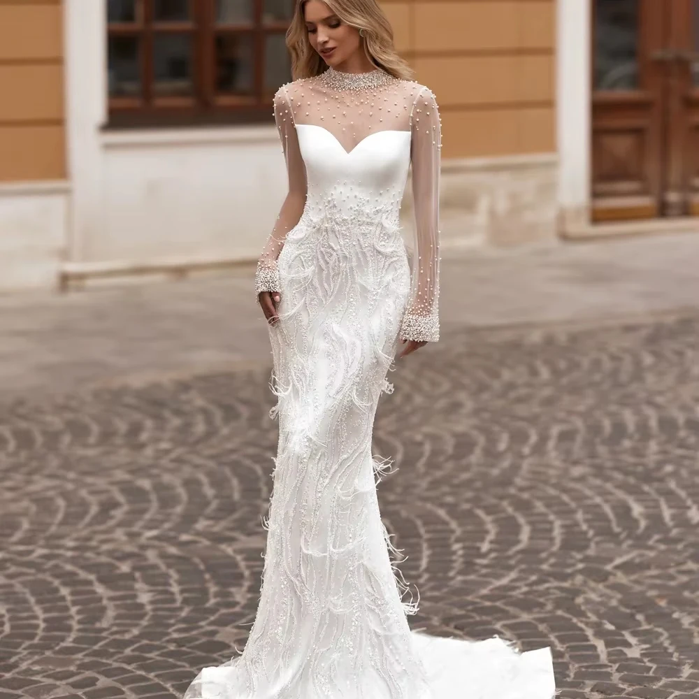 

Изысканное свадебное платье с длинными рукавами, украшенное жемчугом, с эффектными перьями, силуэт «русалка», элегантное свадебное платье с высоким воротником