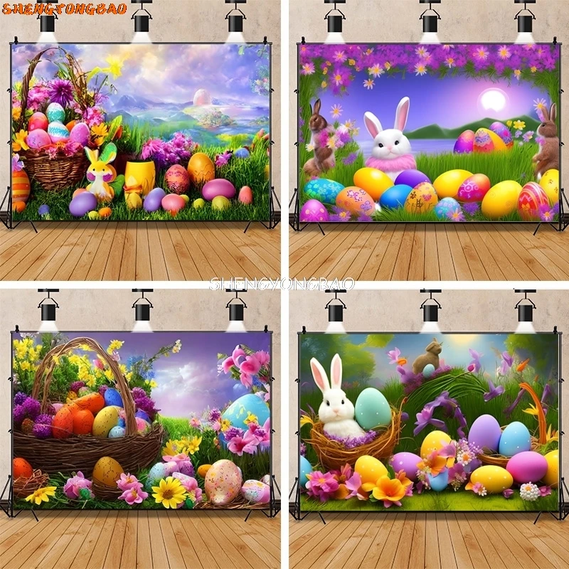 

SHENGYONGBAO Colorful Easter Scene Background Spring Eggs And The Cute Rabbits On The Grass Photography Backdrops Props FE-03