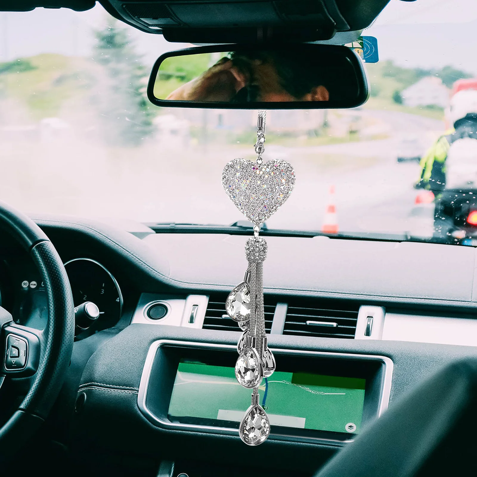 

Compact Heart Crystal Car Pendant Bling Rearview Mirror Hanging Decor Interior Ornament for Gifts Rearview Mirror Hanging Decor