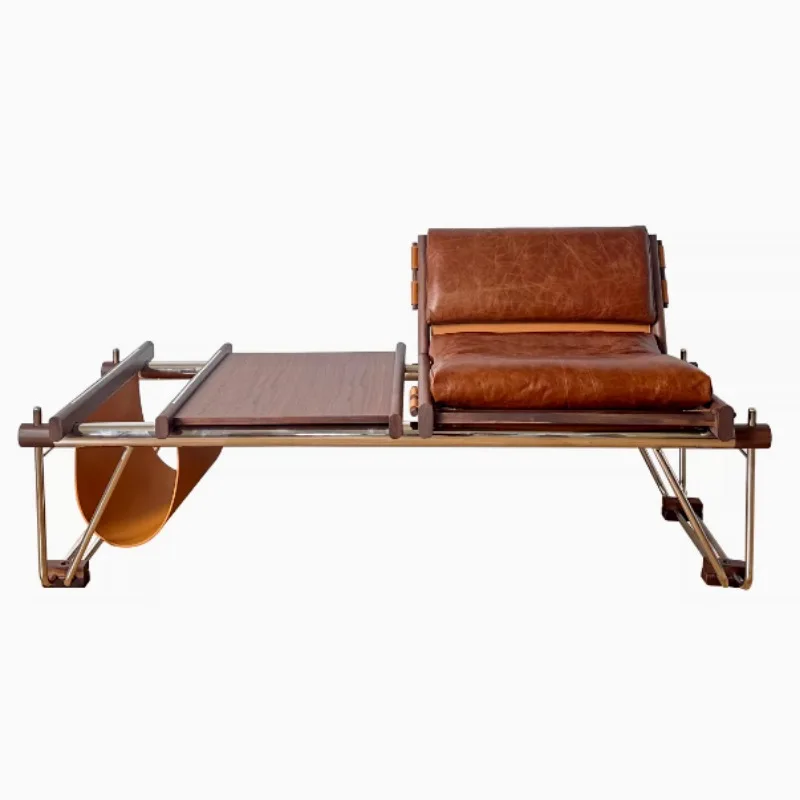 

Milk cowhide bench genuine leather, medieval Bauhaus books and newspapers coffee household, stainless steel minimalist