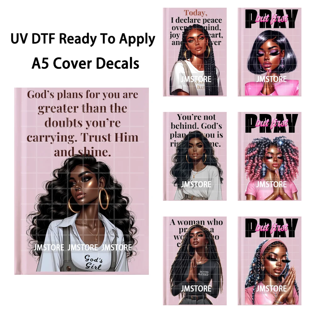 But First Pray Black Girls Faith God UV DTF Notebook Cover Decals Ready To Apply Durable Transfer Stickers For A5 Journal Cover