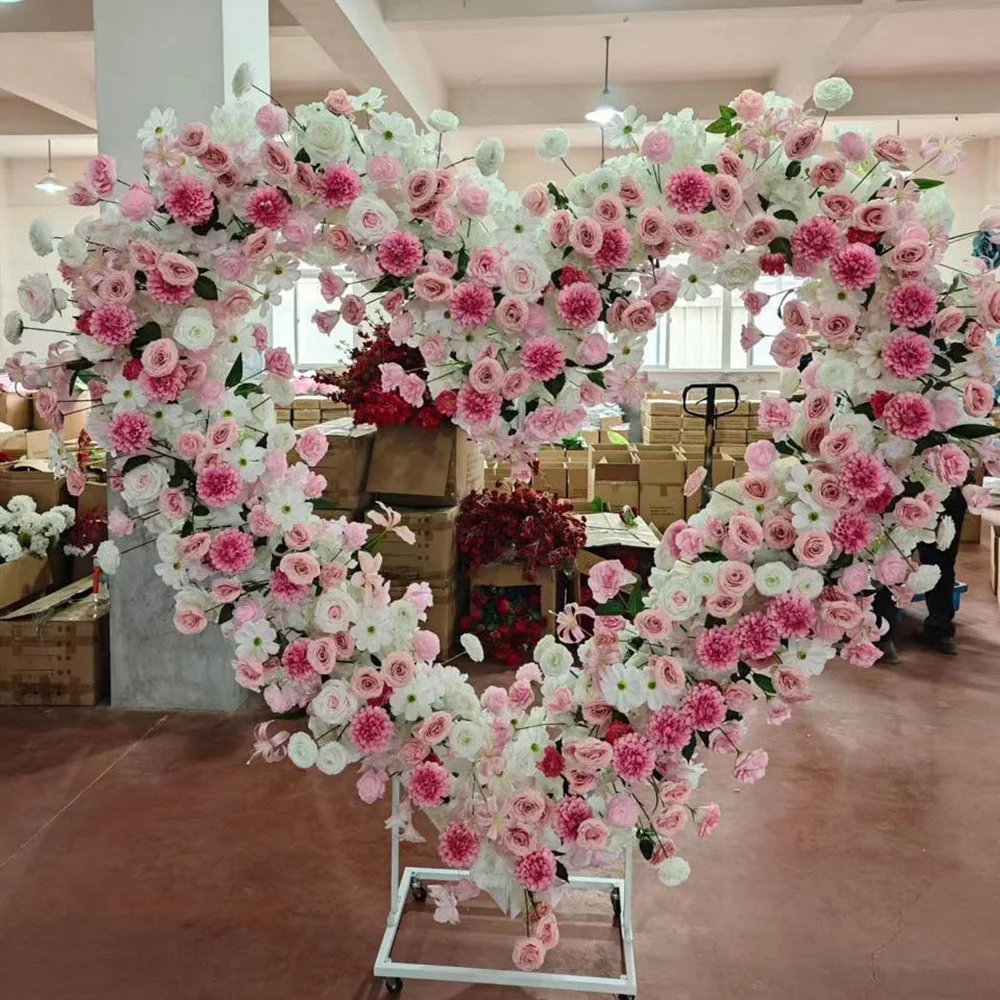 5D Luxe Witte Rozen Hartvormige Boog Kunstbloemen Achtergrond Romantische Bruiloft Feestdecoratie Raamdecoratie Arrangement