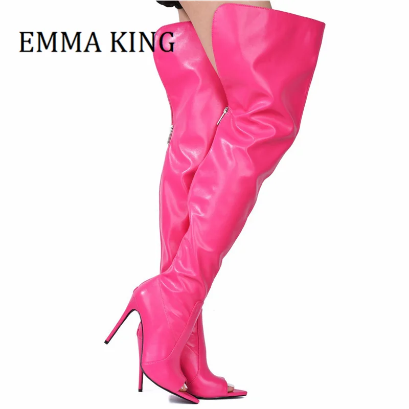 

Women Thigh High Boots Sexy Peep Toe Stilettos Over The Knee Boots Back Zip Thin High Heels Ladies Party Shoes Botas De Mujer