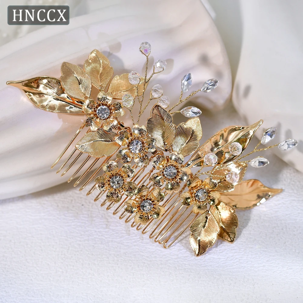 

YouLaPan Gold Color Simulation Flower Leaf Hari Comb Exquisite Bridal Rhinestone Hair Accessories Wedding Party Headpiece HP297