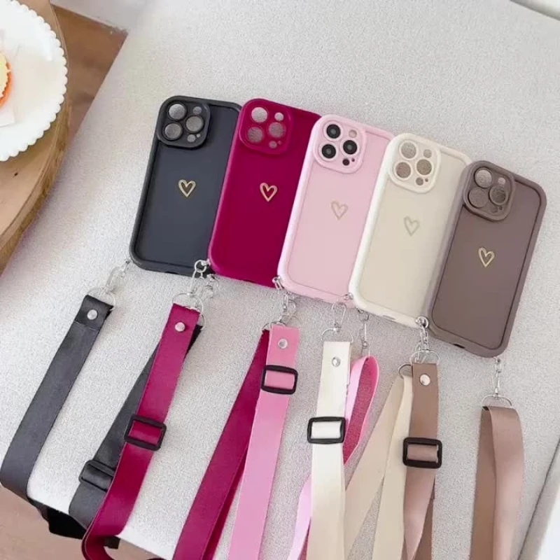 Luxury Gold Heart Phone Case For iPhone 18 17 16 15 14 13 12 11 Pro Max 16E X XR XS With Adjustable Hanging Rope Portable Cover