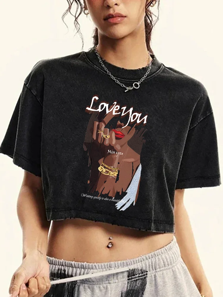 Love You Funny Beautiful Printing Women Washed Short Tshirts Summer Fashion T-Shirt Breathable Tee Shirts Midriff-Baring Clothes