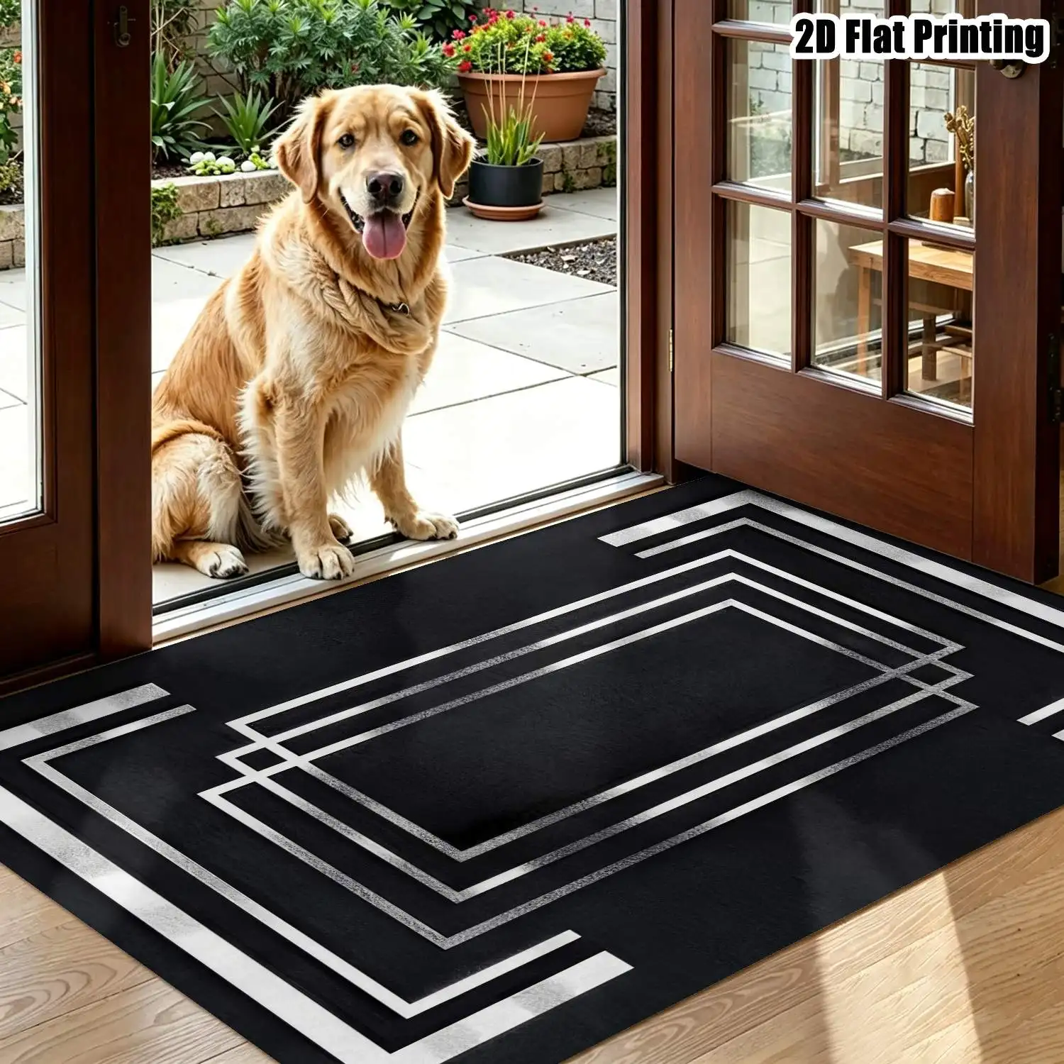 1PC 2D printed Nordic geometric carpet, black-silver edging, machine washable, multi-size, for home decor & multi-scene use