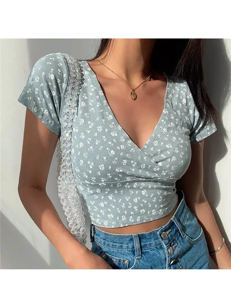 

Летний Y2K винтажный укороченный топ с цветочным принтом и крестом, женский укороченный топ в стиле ретро с цветочным принтом для женщин, модная повседневная одежда