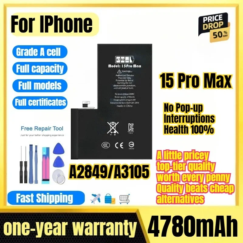 A2849/A3105 for IPhone15 Pro Max Phone Battery No Pop-up Interruptions Health 100% Replacement Bateria Grade A Cell with Tools