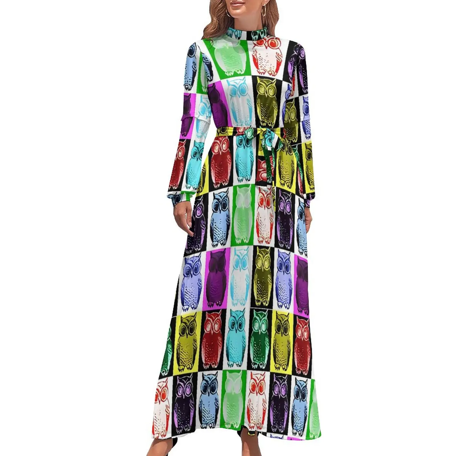 Colorful Bold Owl Pop Art Dress  Elegant Custom Maxi Dress High Neck Long-Sleeve Aesthetic Boho Beach Long Dresses