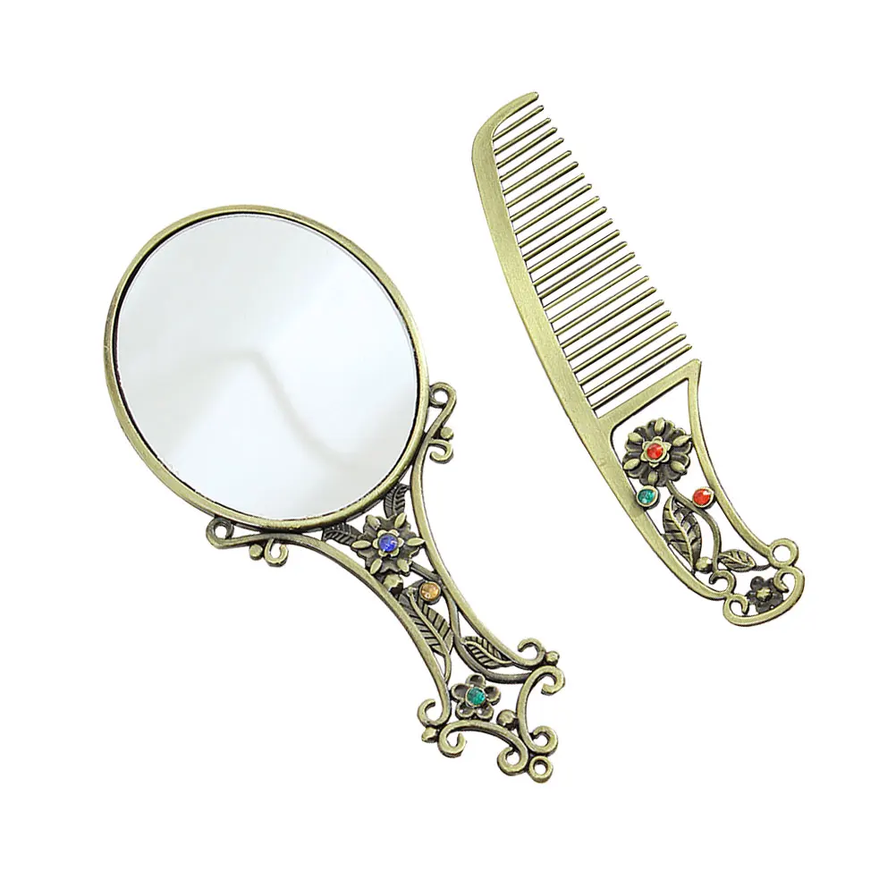 Metal Woman Mirror Compact Hair Comb Set Vintage Travel Clear HD Mirror Surface Portable Double Side Small Pocket Purse Handbag