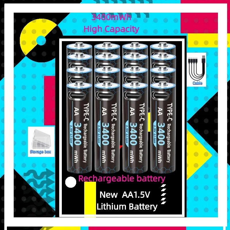 

New AA1.5V Lithium Battery 3400mWh High Capacity USB-C Rechargeable for Smart Door Lock Hunting Camera Remote Control Mouse