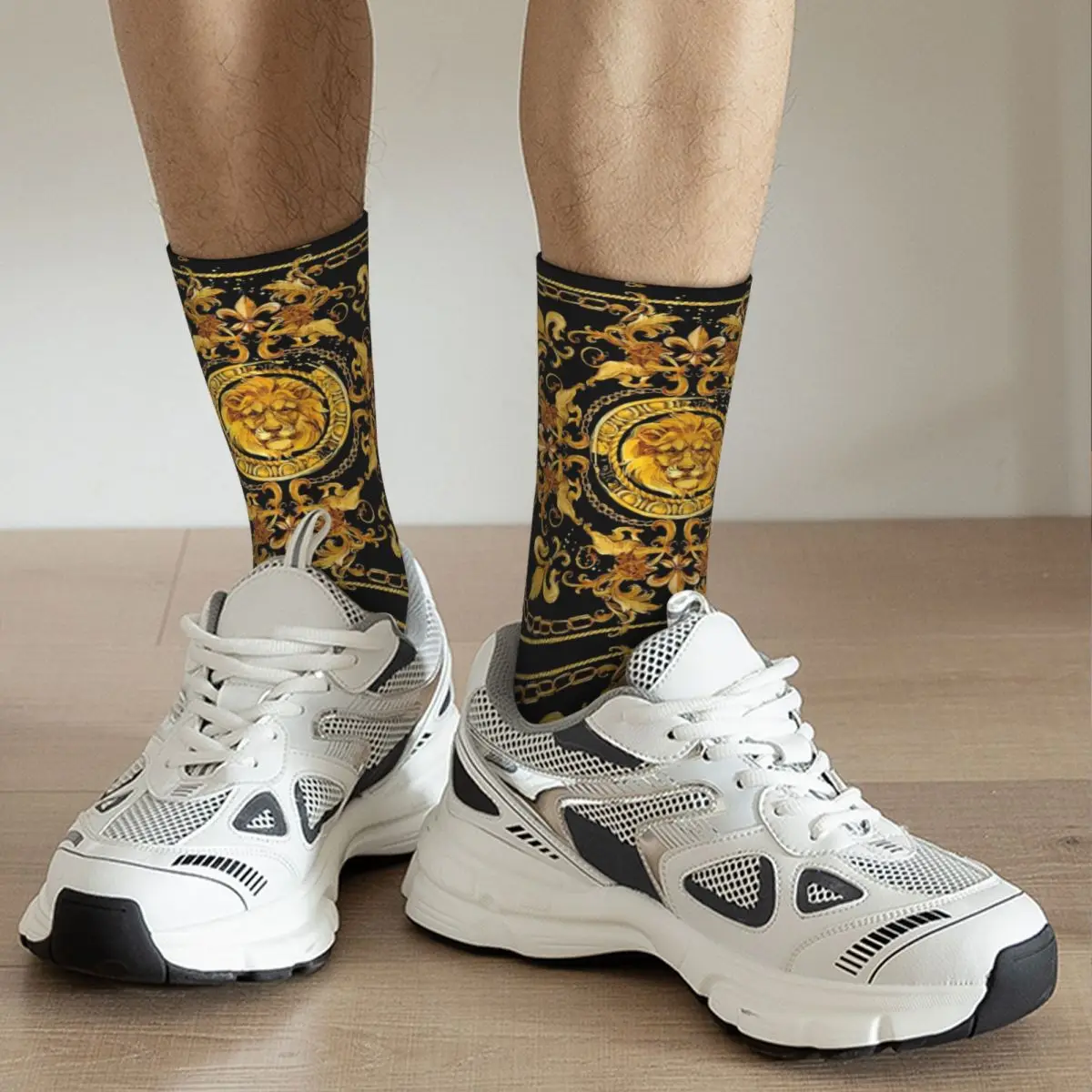 Golden Lion Luxury Design European Baroque Socks Men Women Funny Happy Socks Spring Summer Autumn Winter Middle Tube Stockings