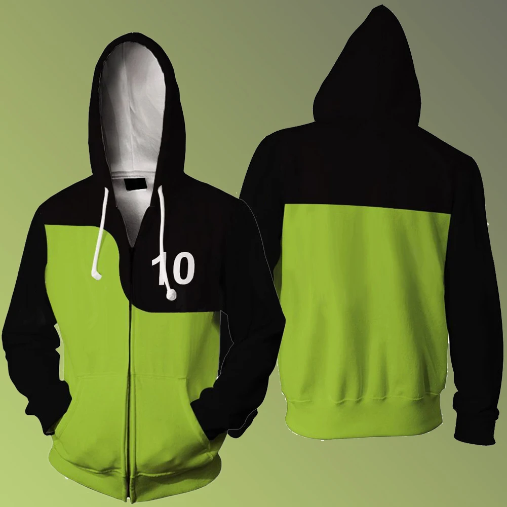 Men Ben Tennyson Cosplay Fantasy Hoodie Cartoon Ben10 Costume Disguise Zip Up Pullover Hooded Sweatshirt Fantasia Outfits