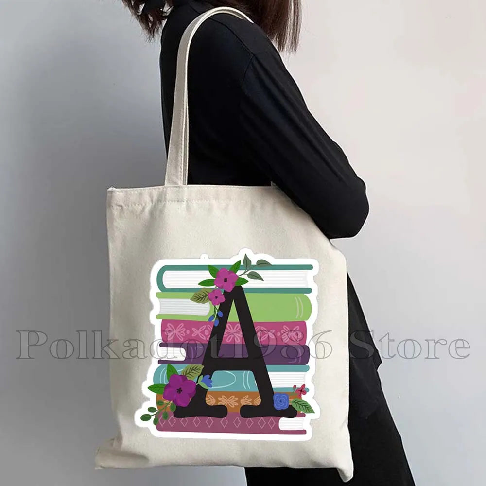 Aesthetic Flower Initial Letter A to Z Bookish Floral Monogram Floral Book Booklovers Reading Canvas Shoulder Tote Bag Handbag