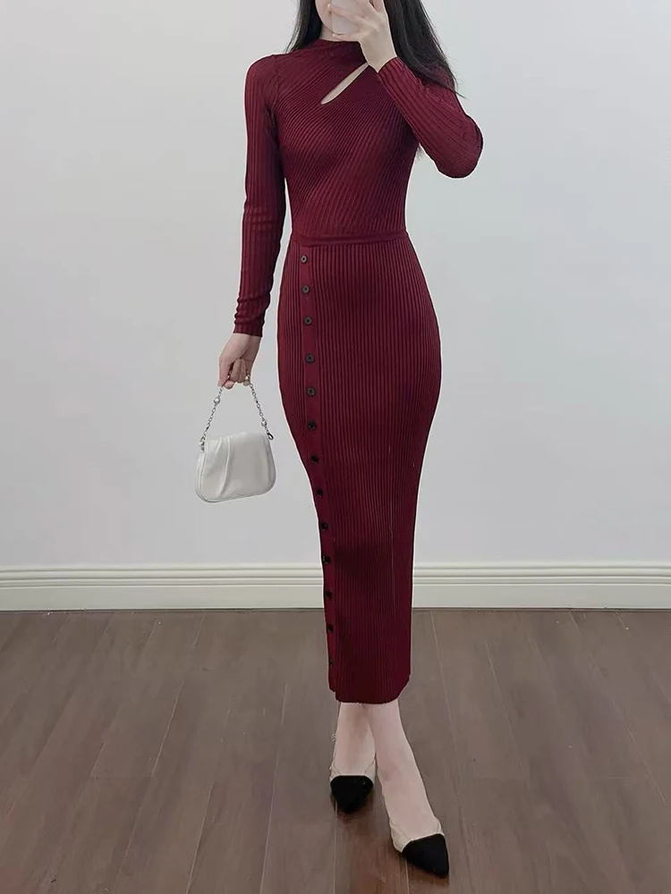 Elegante abito in maglia traforata con ritagli sulle spalle, bordeaux, elegante e sexy, elastico, vestibilità slim, maniche lunghe, abito da donna