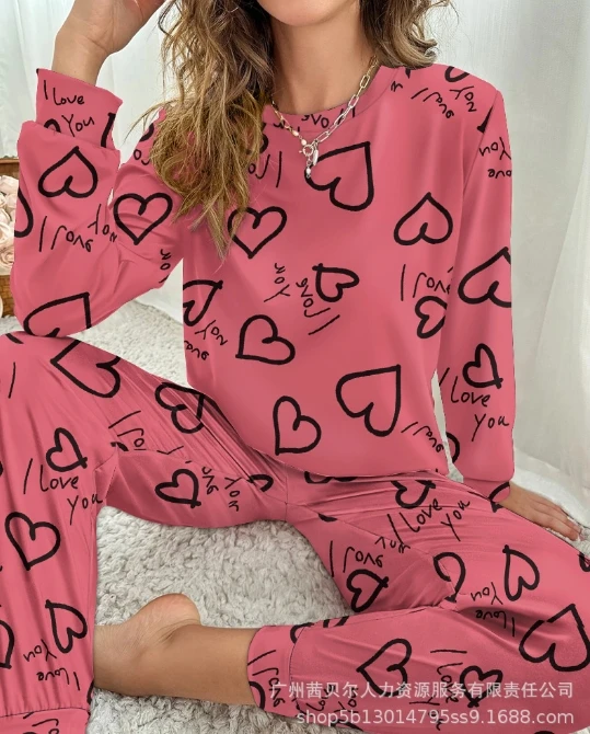 Home Pants Set Round Neck Love Letter Printed Long Sleeve Top with High Waist Leg Tights Casual Sleepwear Two Piece Set