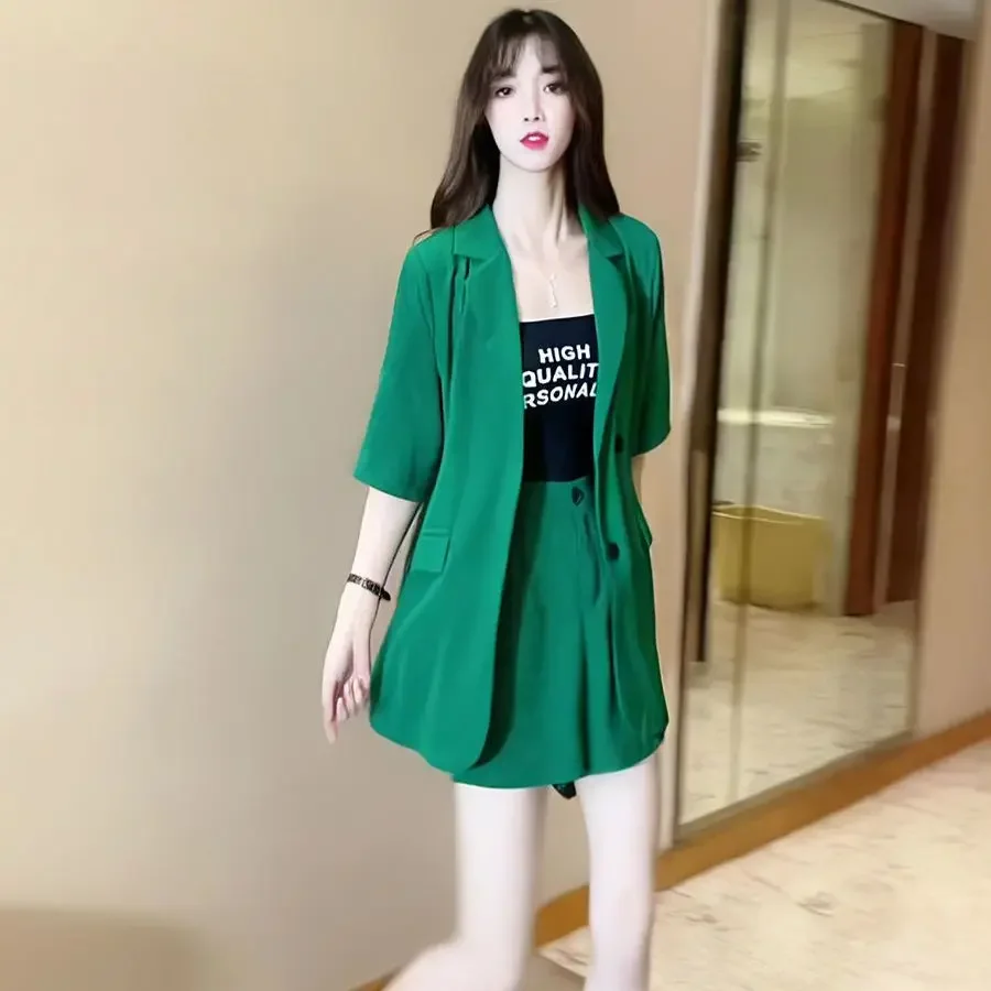 

Short Sleeve Womens Pants Set Blazers and Shorts Suits for Women Office 2024 Clothes Green Summer Loose Tailor Fashion Trends