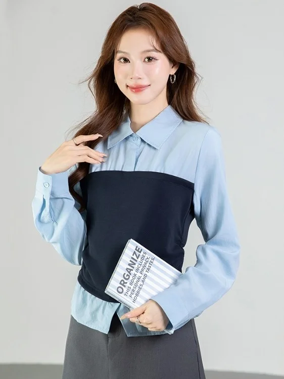 

Весенне-осенний женский топ 2026 года: милый, с цветными вставками, длинным рукавом, приталенный крой, для офиса и повседневной носки