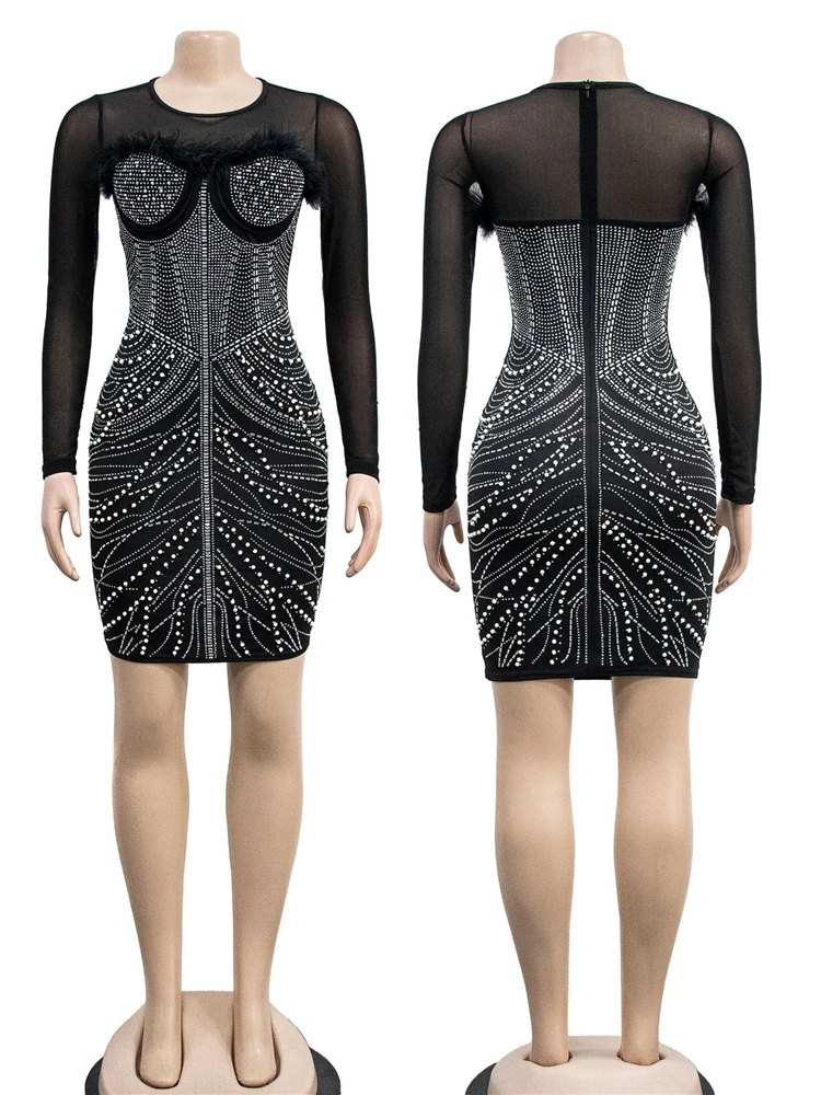 فستان حفلات قصير من HBLL مزين بالترتر اللامع والريش للنساء فساتين أعياد الميلاد مبطنة بالترتر الشبكي اللامع ملابس المشاهير