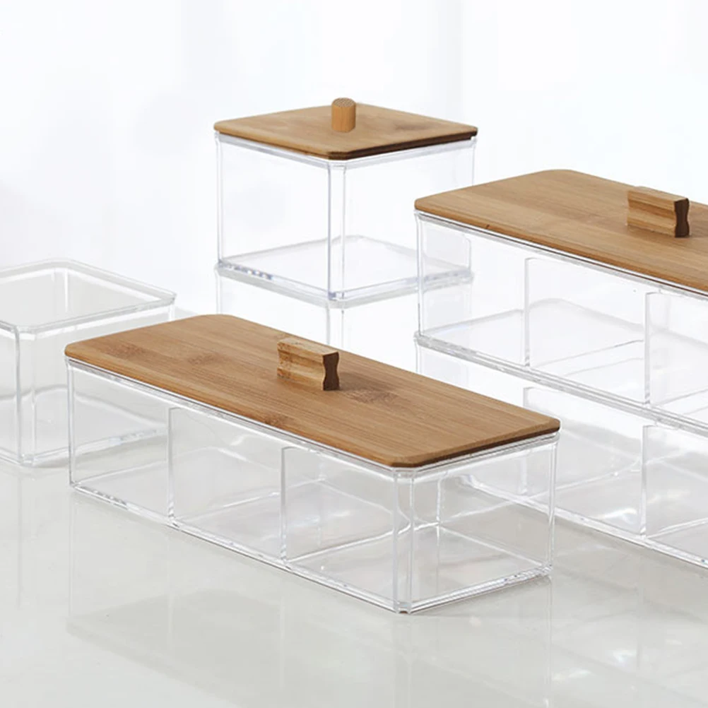 

2pcs Cotton Swab Holder Transparent Acrylic Storage Container Bamboo Lid Organizer For Makeup Brushes Pads Tools Clear
