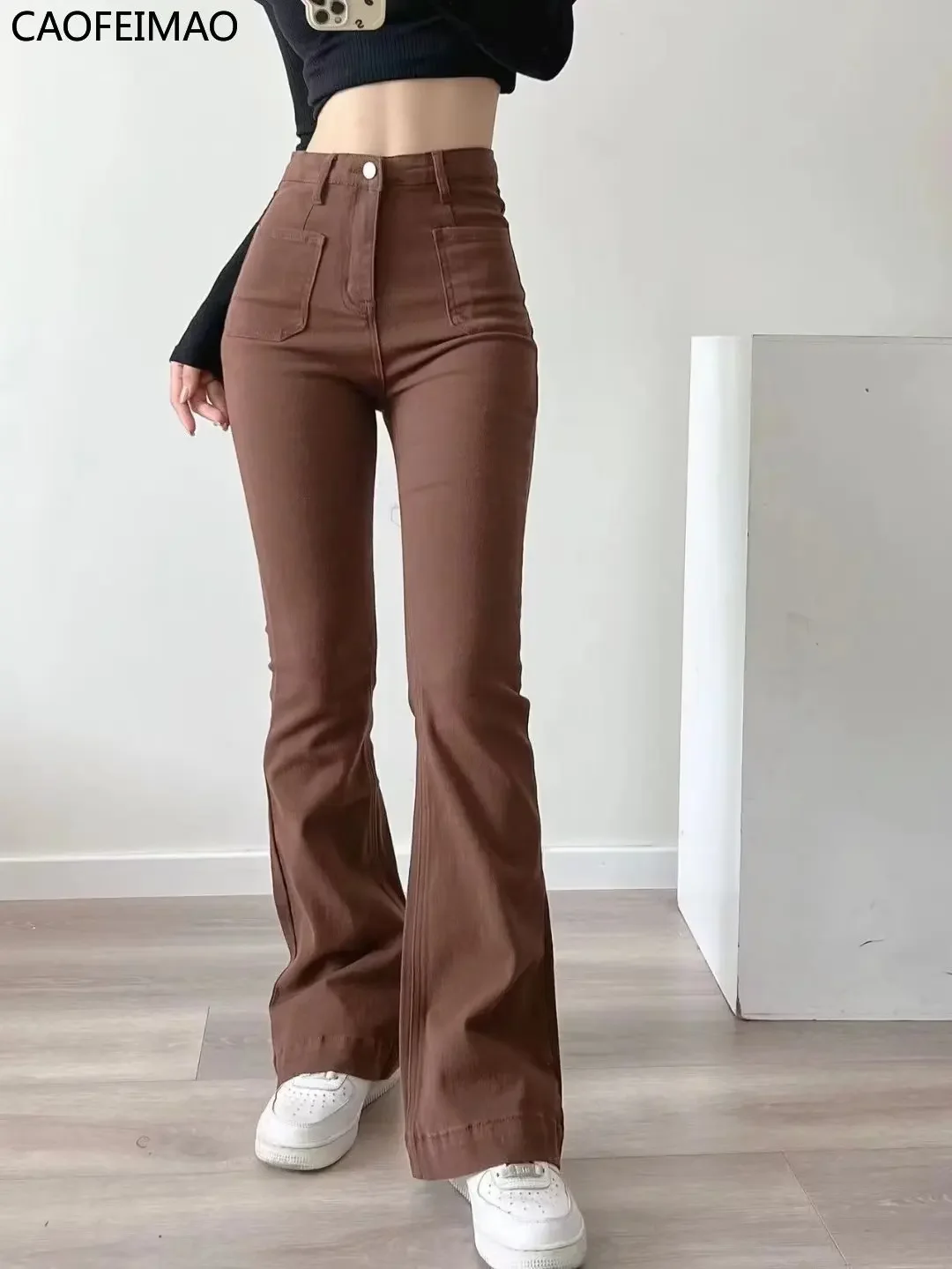 Coffee Color Flared Jeans Women's 2025 New  Autumn New High-waisted High Elastic Tight Slimming Micro-length Mopping Trousers