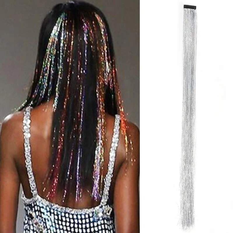 Sparkling Hair Tinsel Clip-In Extensions 1PC Synthetic Shiny Sparkle Glitter Strands For Women Christmas Party Festivals Wear