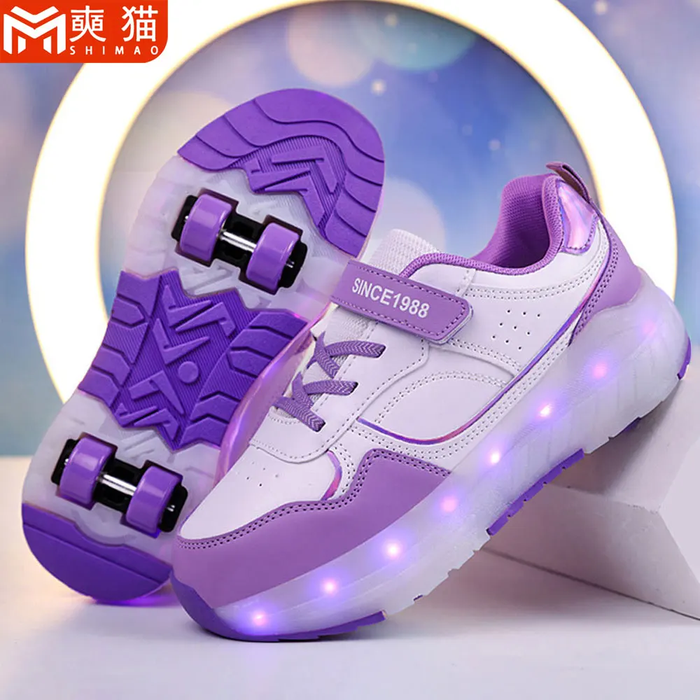 Roller Skate Shoes Boy Sneakers Girl Child Sneakers Outdoor Shoes Double Wheels Sport Skate Board Shoes Boys Girls Kids Sneakers