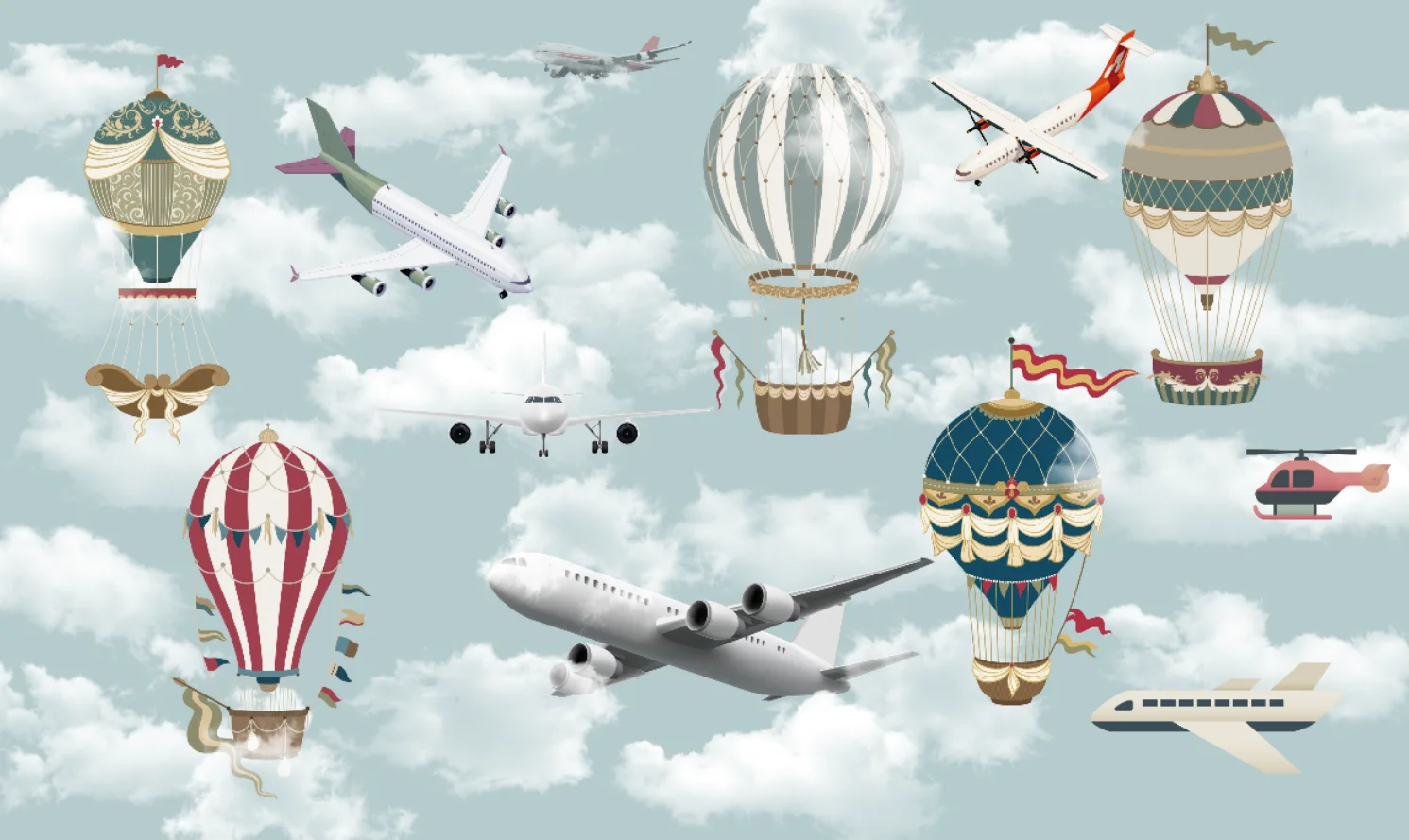 Custom size mural cartoon Hot air balloon White cloud airplane background mural home decor Children's room Decorative painting