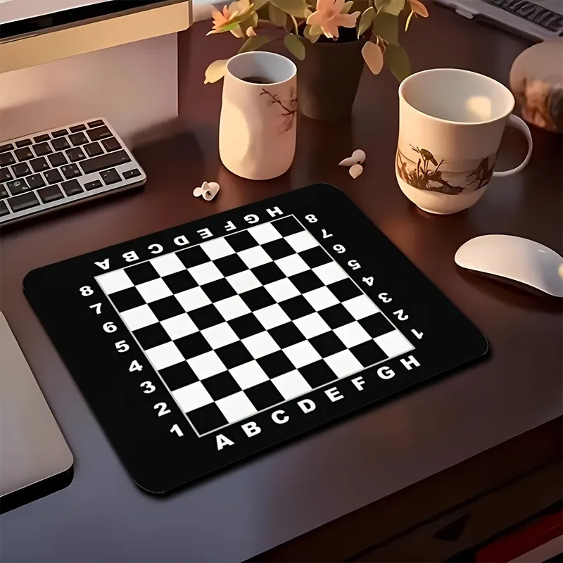 Chess-Themed Mouse Pad Black and White Checkered Design Square Desk Mat Anti-Slip Rubber Base Portable PC Pads Letter Patterns