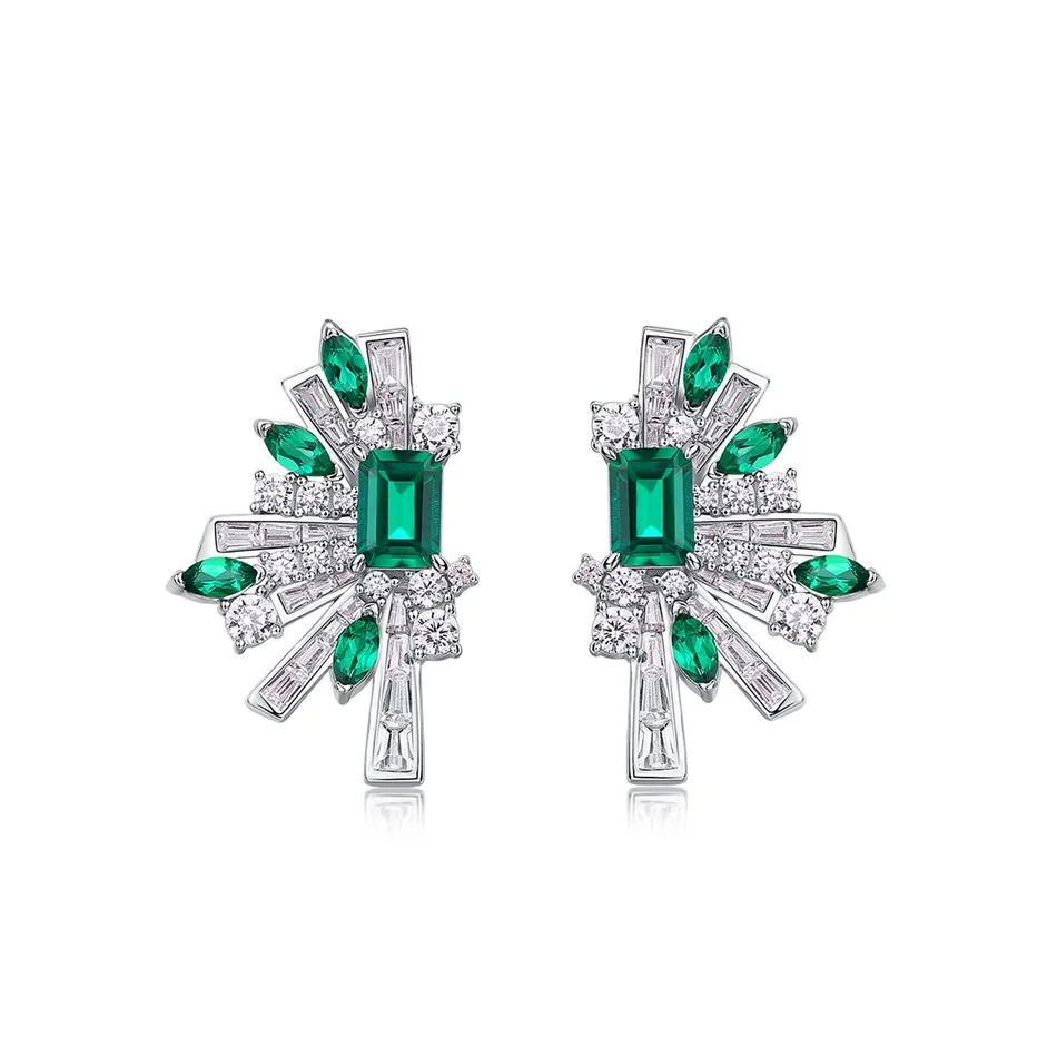 ALLNOEL Certified 5*7mm Lab Created Emerald Stud Earrings 925 Sterling Silver Original Wing Shape Luxury Jewelry Gifts Boho