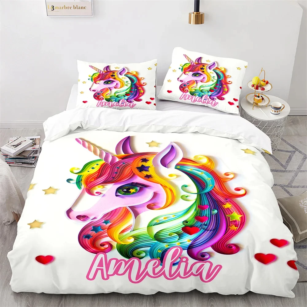 

Unicorn Rainbow Duvet Cover Set King Twin Full Size Boy Girl Bedding Set Colourful Cartoon Polyester Comforter Cover