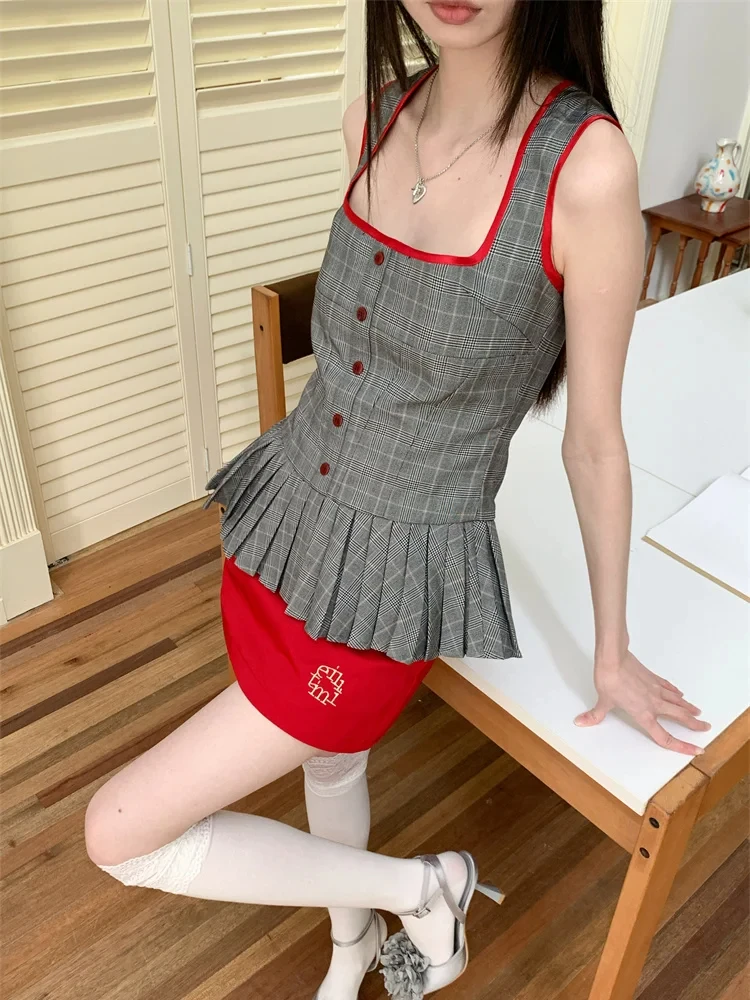 CHEERART Designer Vintage Square Neck Tank Top Summer Clothes Women 2024 Grey Plaid Peplum Top Fashion