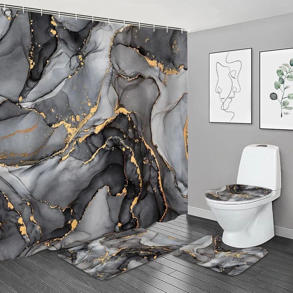 

4-х шт., наборы занавесок для душа из черного мрамора с ковриками, золотые наборы для ванной комнаты с занавеской для душа и ковриками, современный абстрактный декор для ванной комнаты
