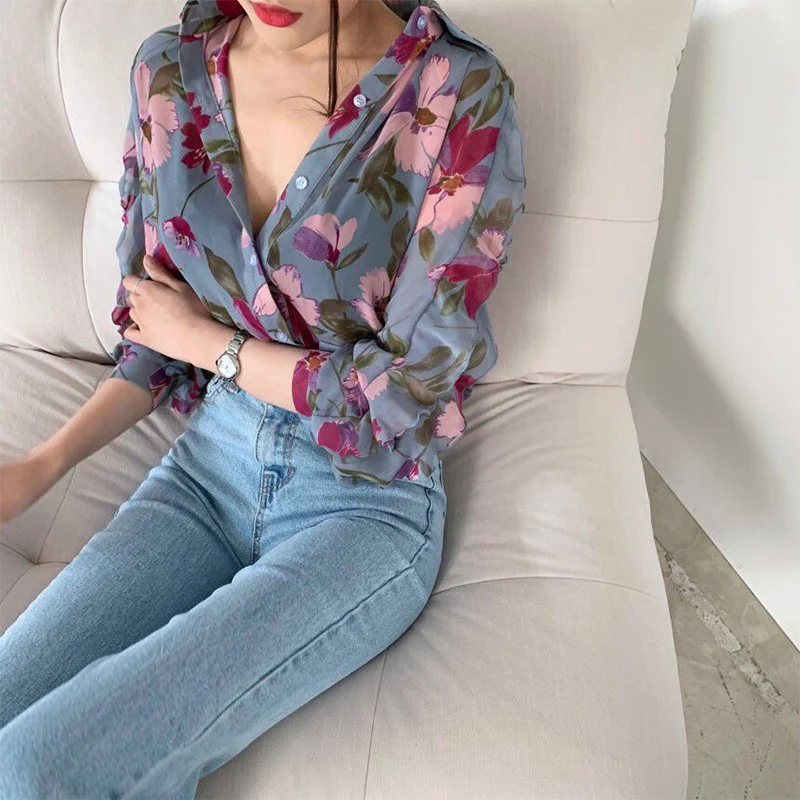 Spring Summer Casual Fashion Floral Print Long Sleeve Chiffon Shirt Women Sweet All-match Oversized Blouse Female Cardigan Top