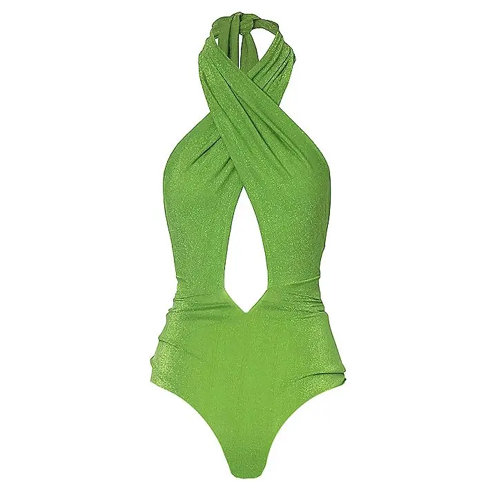 2024 New  green Halter One piece Swimsuit set Shiny Texture Pleated Women Swimwear Beachwear bathingsuit