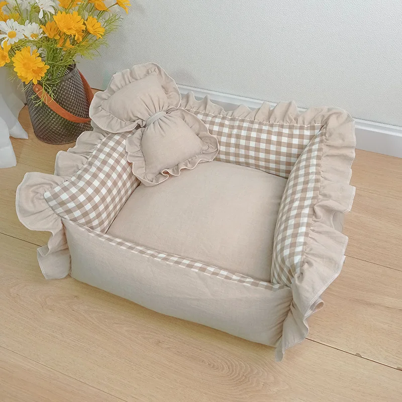 Manufacturer Direct Sale Detachable and Washable Cat and Dog Bed with Lace Grid Patterns Rectangle Shape for All Seasons