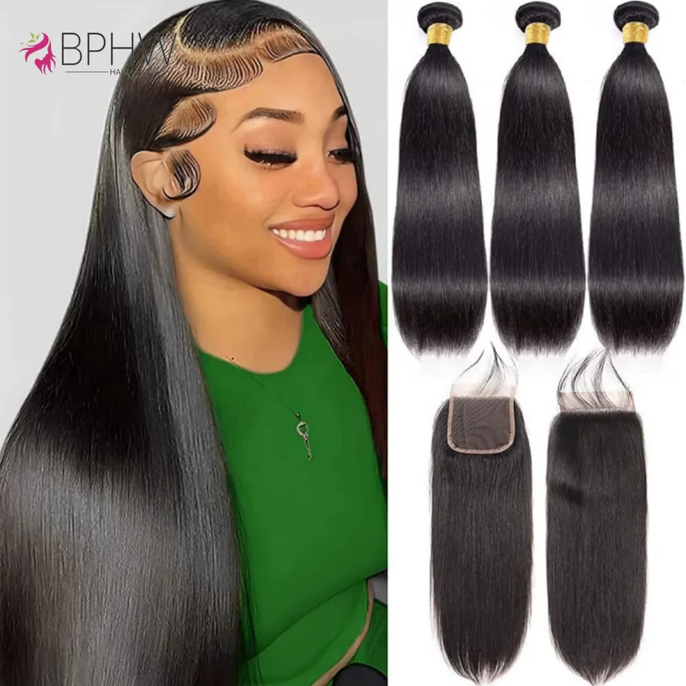 

Пучки с застежкой, человеческие волосы, прямые 100% бразильские волосы для наращивания, 3 пучка с кружевной застежкой 4x4, натуральный цвет