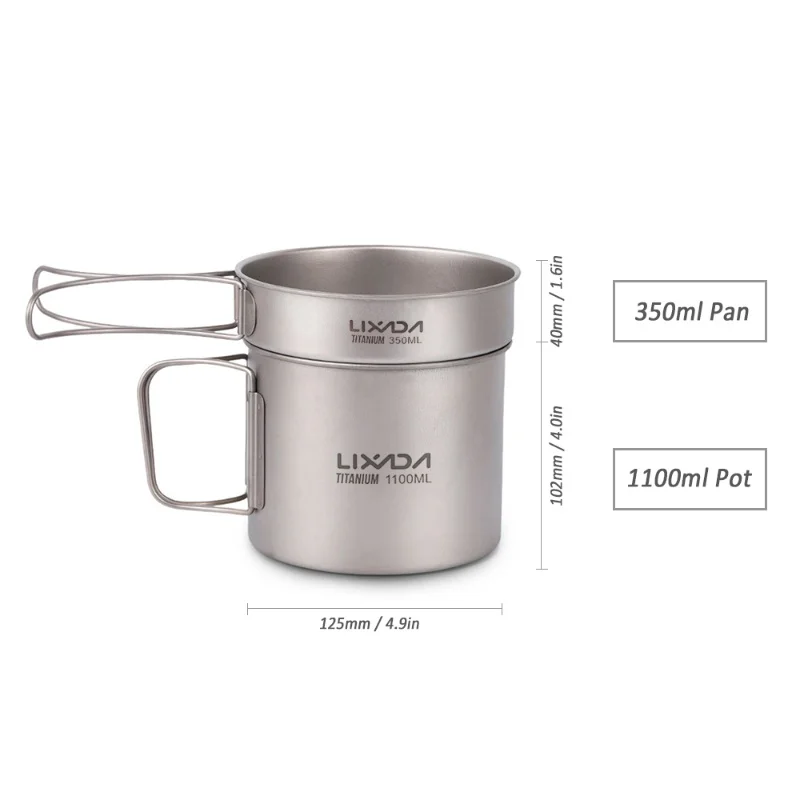 Lixada Ultralight Titanium Cookset Outdoor Camping Cookware Set 1100ml Pot And 350ml Fry Pan With Folding Handles