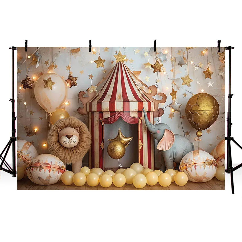 Mehofond السيرك عرض خلفية نجوم بالون الاطفال حفلة عيد ميلاد الحيوان الأسد كعكة سحق ديكور التصوير خلفية استوديو الصور