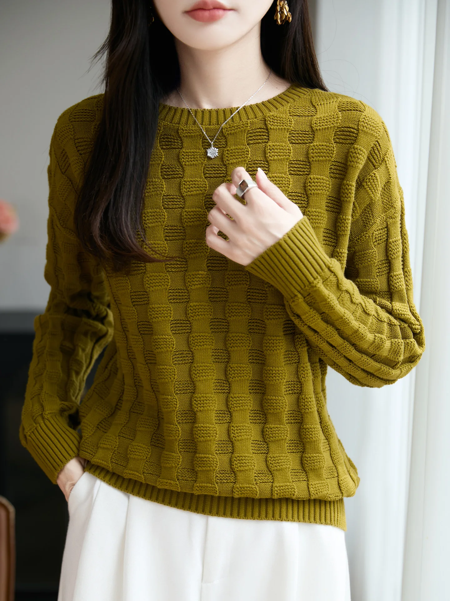 

Women's round Ne Knitted Sweater 00 Cotton Loose Long Sve Autumn Winter Casual Sle Soft Pure Color Warmth Inner irt