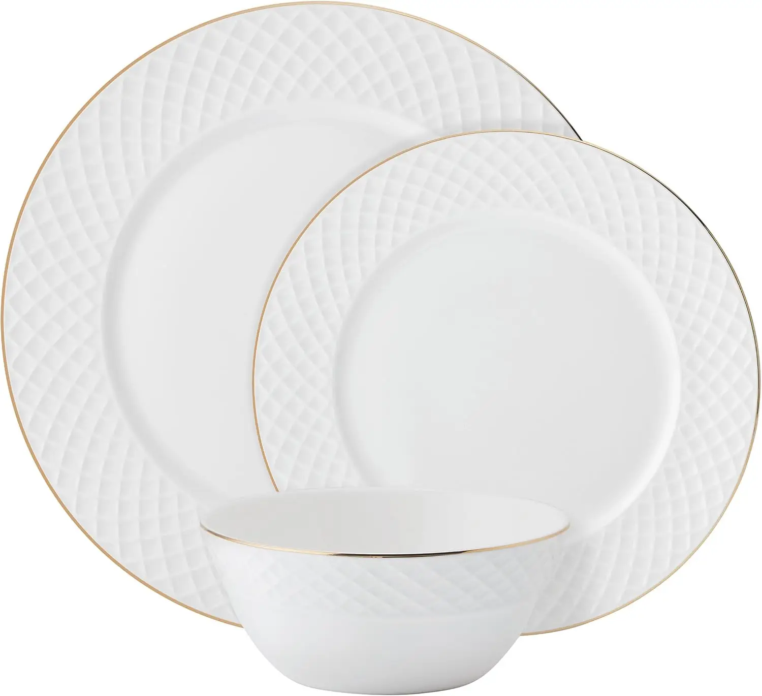 طقم أواني طعام مكون من 12 قطعة من Trellis Gold Rim Bone China خفيف الوزن ومقاوم للرقاقة، خدمة لـ 4 أشخاص